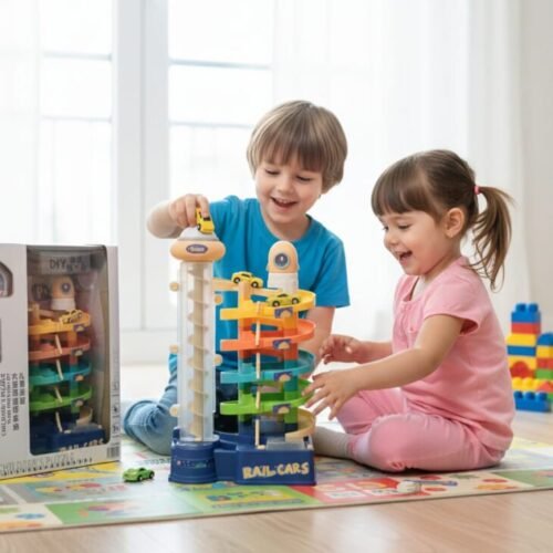 Children’s Puzzle Slide Parking Lot & Spiral Rail-Cars Track Set