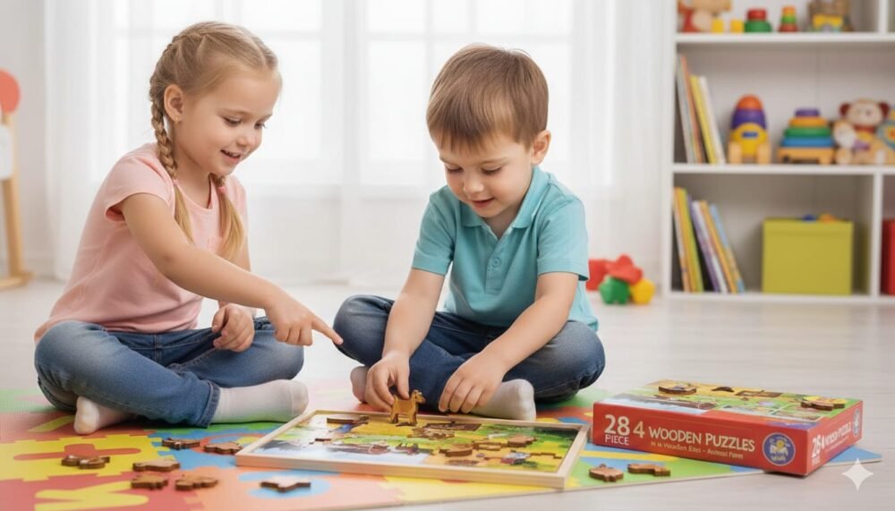 WhatsApp Image 2025-11-23 at 11.13.00 AM (1) QIGAIWEI Wooden Puzzle Set: 4-in-1 Animal Farm Fun (28 Pieces)