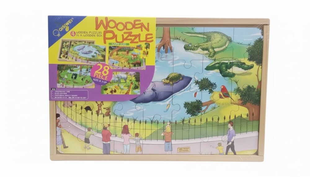 QISIWEl Wooden Puzzle Set: 4-in-1 Happy Zoo Adventure (28 Pieces)