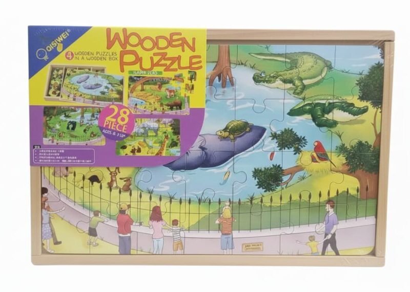 QISIWEl Wooden Puzzle Set: 4-in-1 Happy Zoo Adventure (28 Pieces)