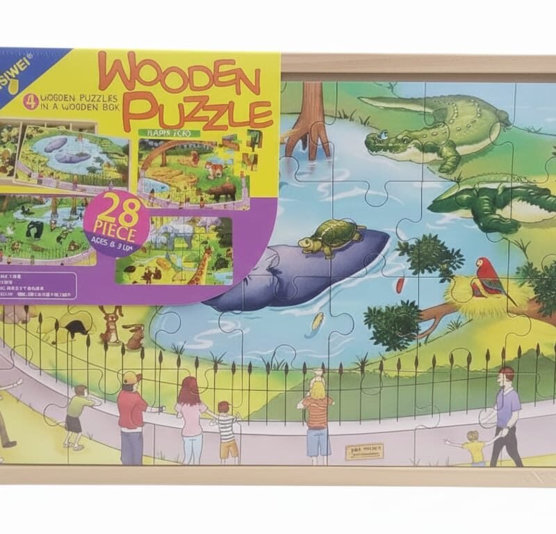 QISIWEl Wooden Puzzle Set: 4-in-1 Happy Zoo Adventure (28 Pieces)
