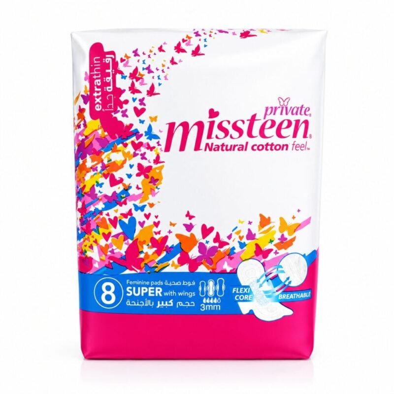 Private Missteen  8 Feminine Pads Super with wings extra thin /3mm - فوط صحيّة حجم كبير بالأجنحة رقيقة جدا
