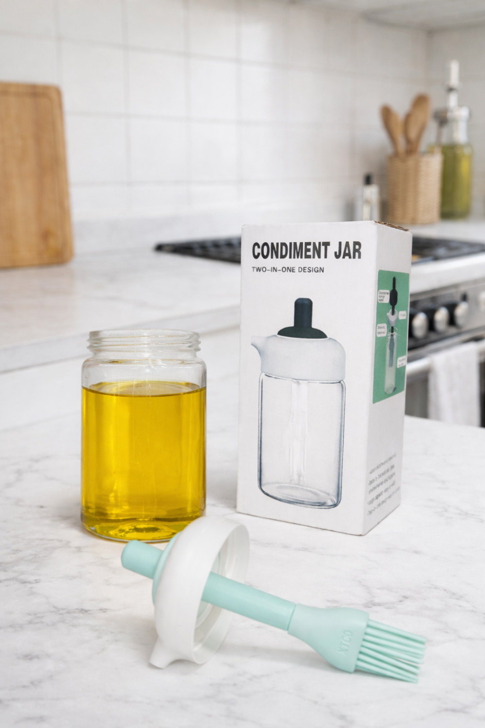 Condiment jar "two in one" - وعاء زيت زجاج مع فرشاة سيليكون