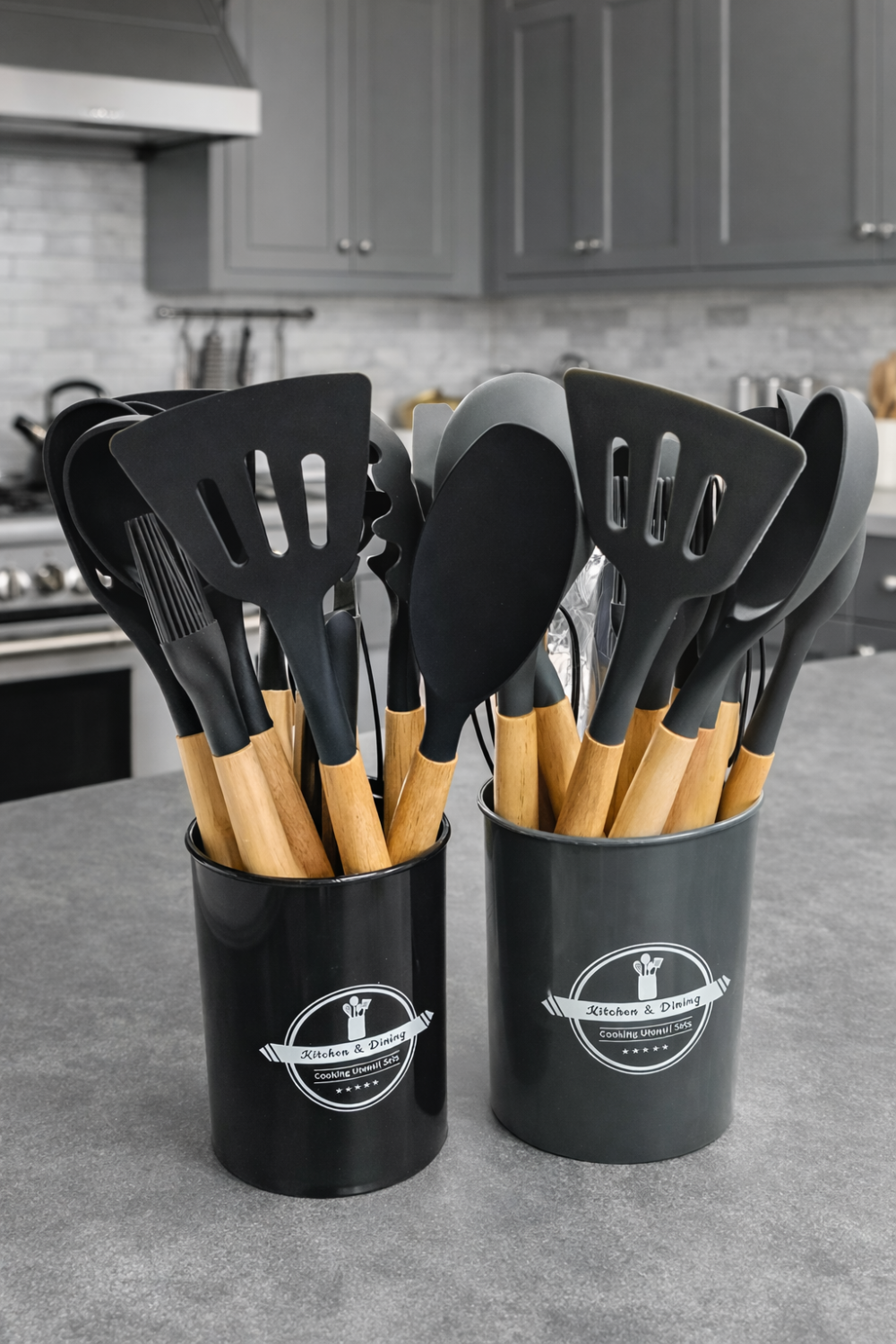 Silicone Utensils Set With Plastic Holder 12 PCS  - طقم ملاعق سيليكون