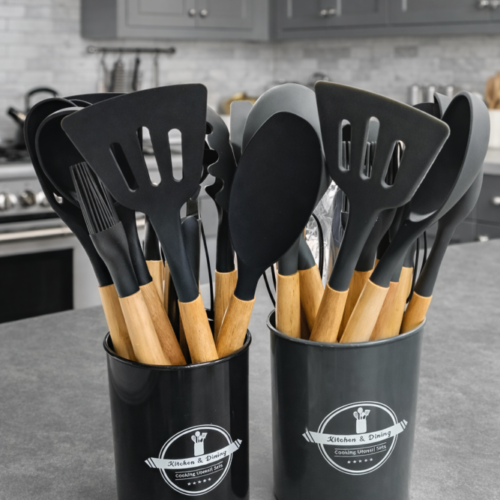 Silicone Utensils Set With Plastic Holder 12 PCS  - طقم ملاعق سيليكون