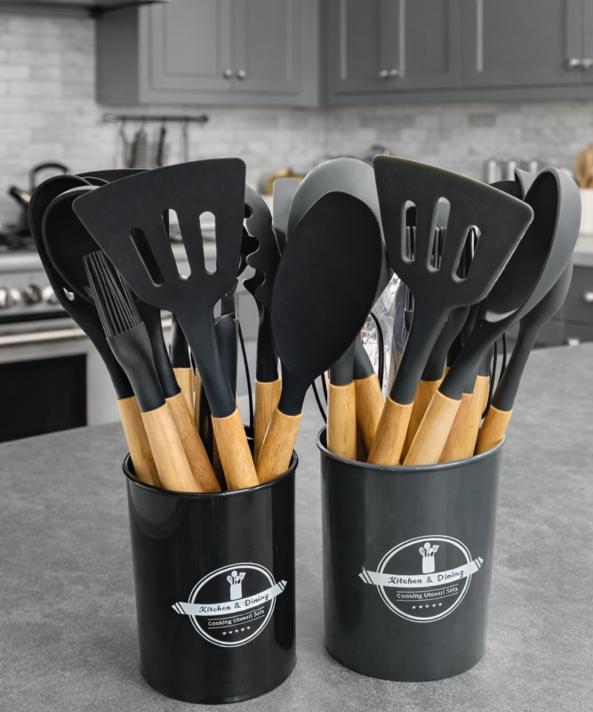 Silicone Utensils Set With Plastic Holder 12 PCS  - طقم ملاعق سيليكون