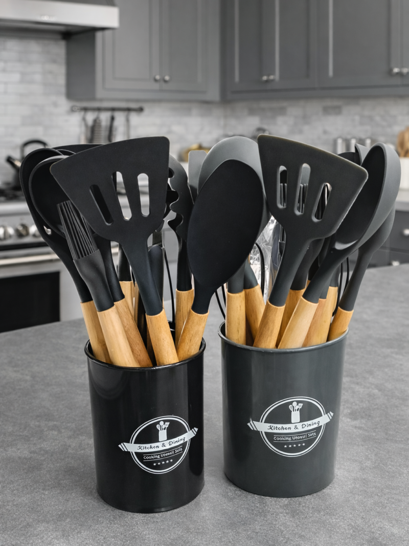 Silicone Utensils Set With Plastic Holder 12 PCS  - طقم ملاعق سيليكون