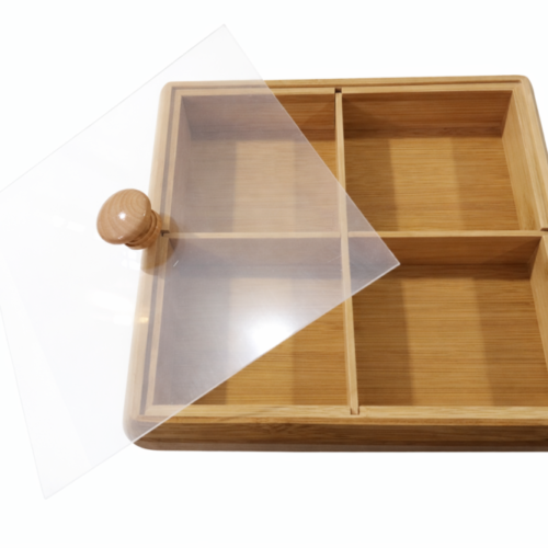 صندوق تقديم وتخزين خشبي متعدد الأقسام بغطاء شفاف 25*25 سم