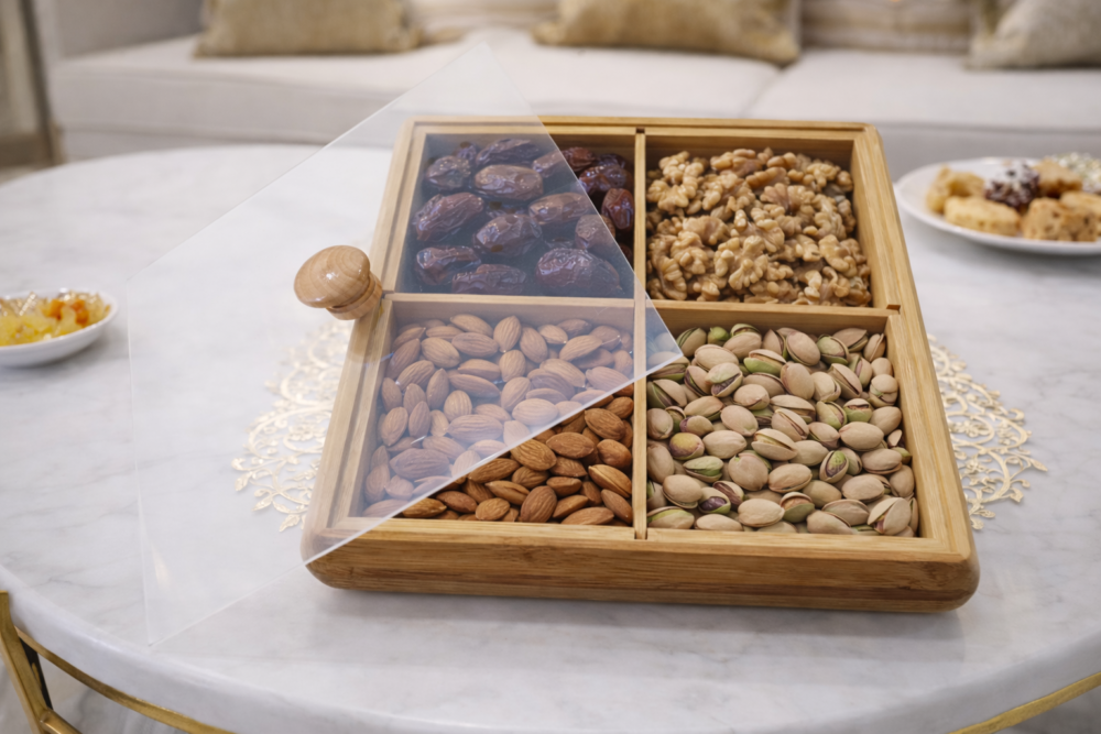 صندوق تقديم وتخزين خشبي متعدد الأقسام بغطاء شفاف 25*25 سم