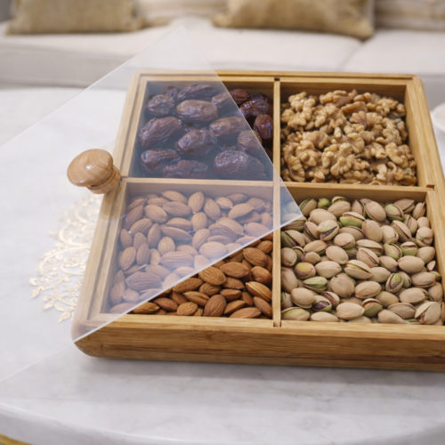 صندوق تقديم وتخزين خشبي متعدد الأقسام بغطاء شفاف 25*25 سم