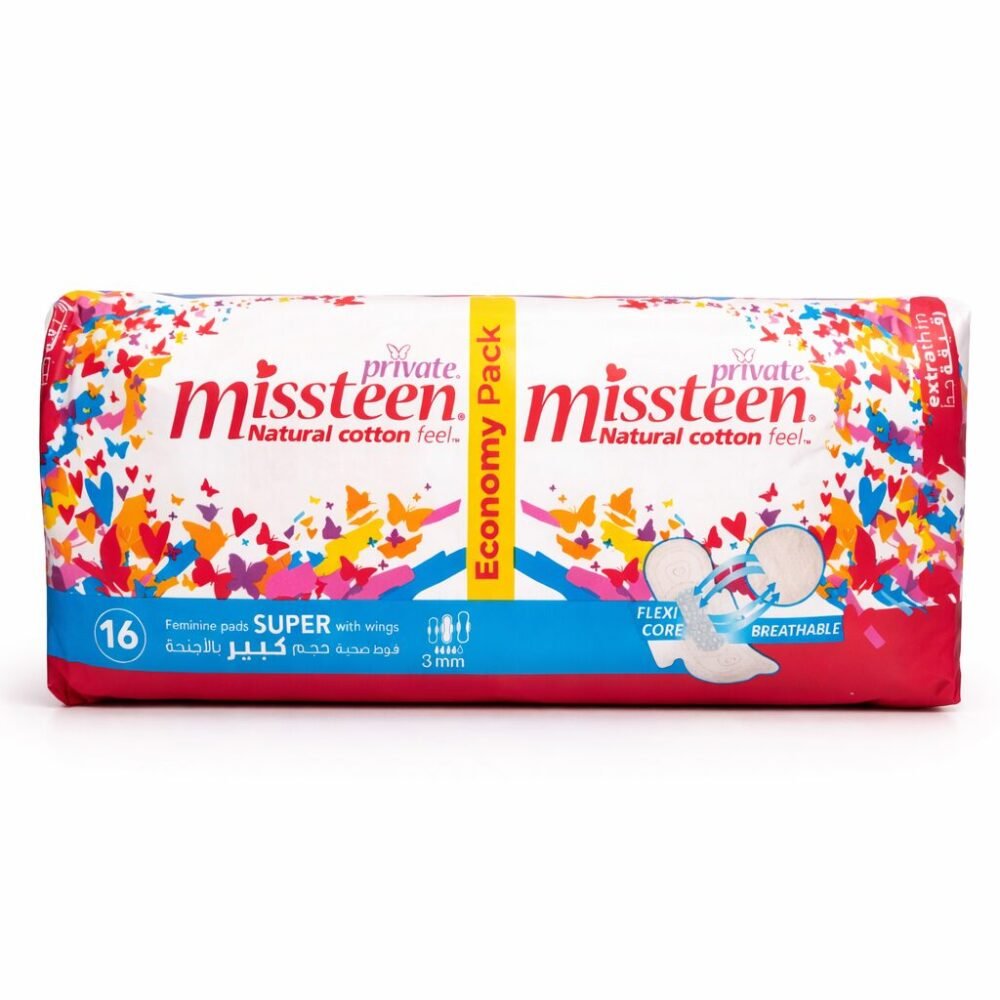 Private Missteen 16 Feminine Pads Super with wings extra thin /3mm - فوط صحيّة حجم كبير بالأجنحة رقيقة جدا