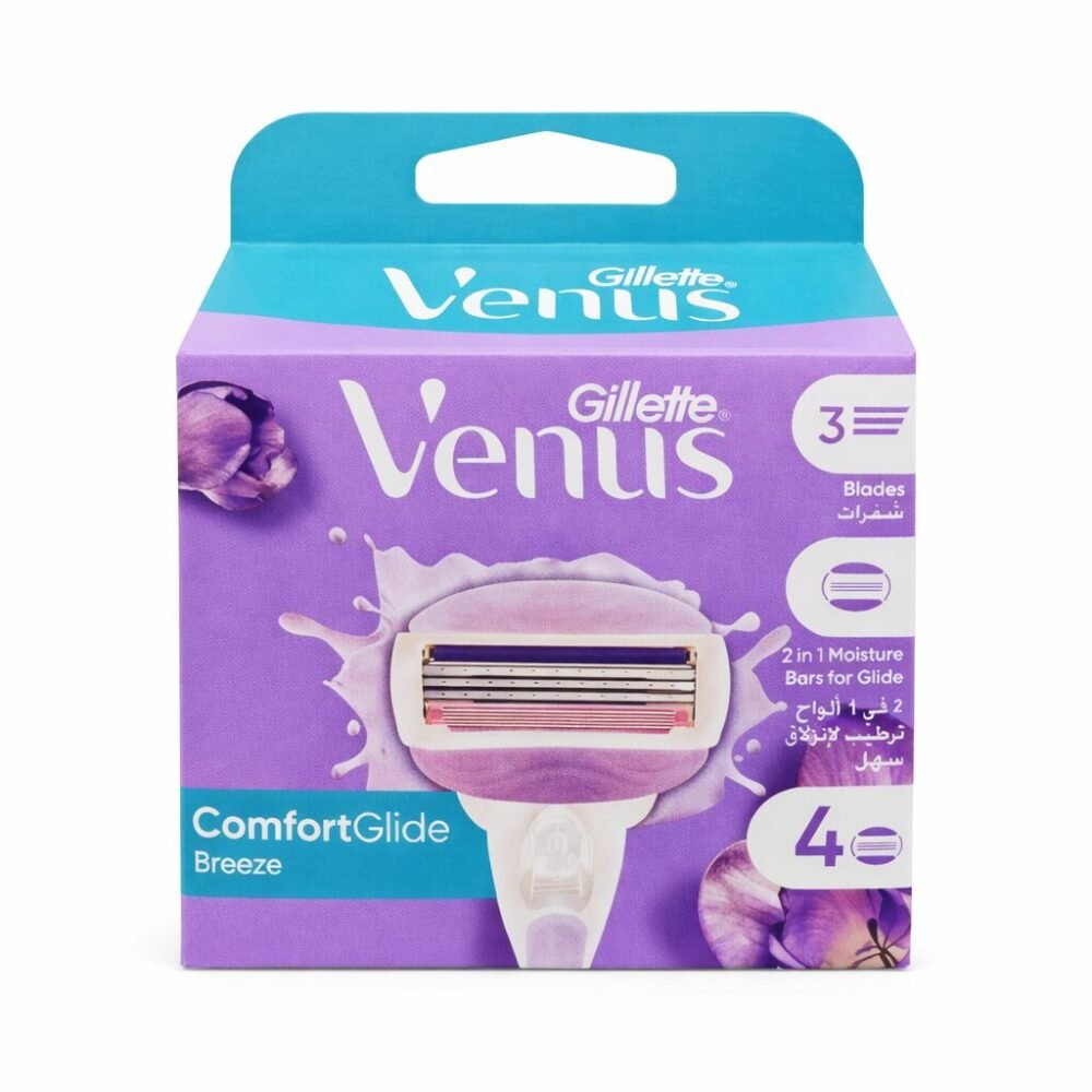 "Gillette" Venus 3 Blades, 2 in 1 Moisture Bars For Comfort Glide Breeze 4 pcs  - شفر حلاقة رؤوس بديلة مع شريط جل دون المقبض