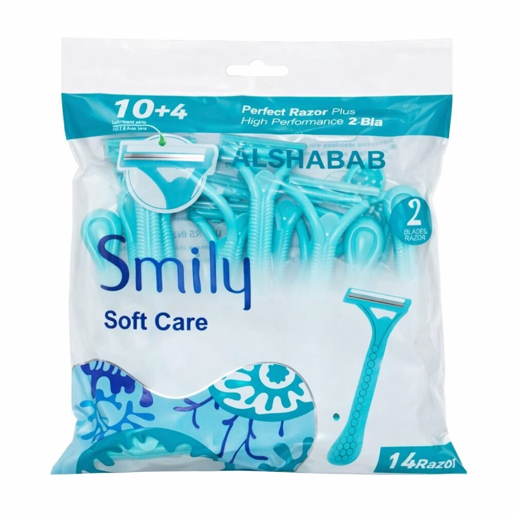 file_00000000bf2471fda01374e1d33f3ac1 "Al Shabab" Smily Soft Care Perfect Razor Plus Hight Performance 2 Blades razor 14 pcs - شفر حلاقة