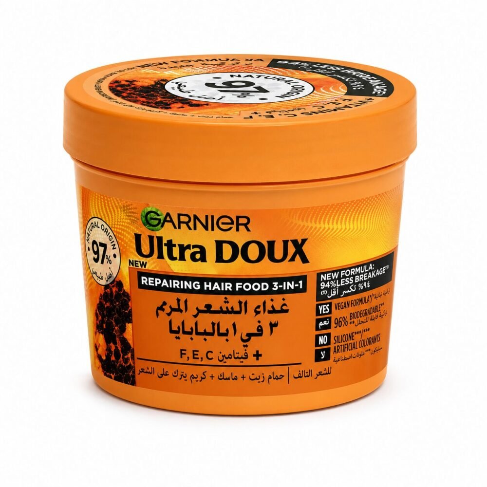 "GARNIER Ultra Doux" Hot Oil Bath + Mask + Leave-In Cream  390 ml - غذاء الشعر المرمم 3 في 1 بالبابايا