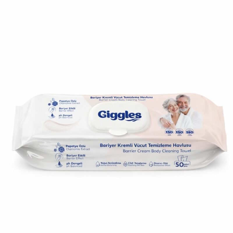"Giggles" Barrier Cream Body Cleaning Towel Wipes  50 pcs - مناديل مبللة لتنظيف كامل الجسم بكريم