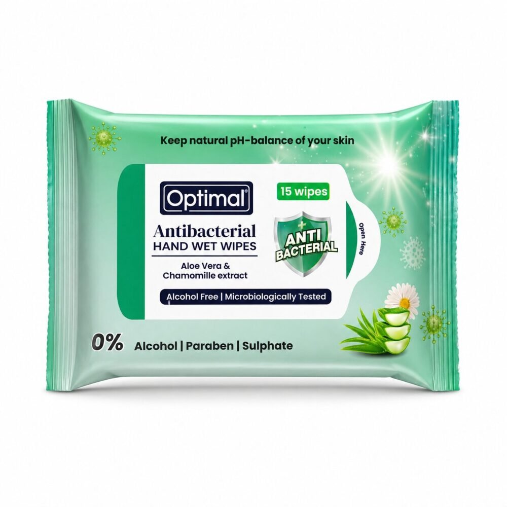 "Optimal" Antibacterial Hand Wet Wipes Aloe Vera and Chamomille extract 15 pcs - مناديل مبللة مضاده للبكتيريا