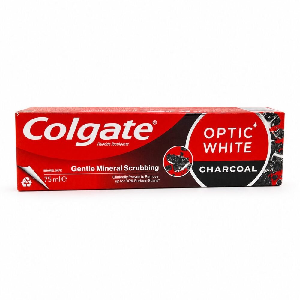 "Colgate" Optic White with Charcoal 75ml - كولجيت مع الفحم النشط وجزئيات معدنية صغيرة لإزالة بقع سطح الأسنان