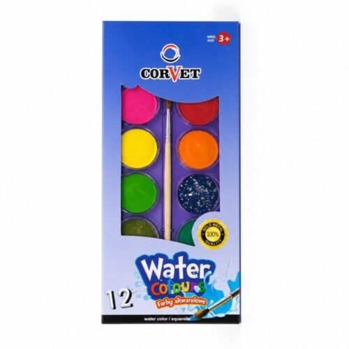 "CORVET" 12 Water Colors - علبة ألوان مائية مع فرشاة رسم