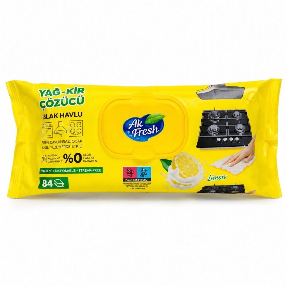 "Ak Fresh" Grease-Removing Kitchen Wet Wipes 84 pcs - مناديل مبللة مخصصة لإزالة دهون المطبخ برائحة الليمون