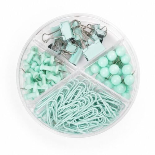 Stationery Set With Round Organizer - طقم مشابك ودبابيس مكتبية مع علبة تنظيم دائرية