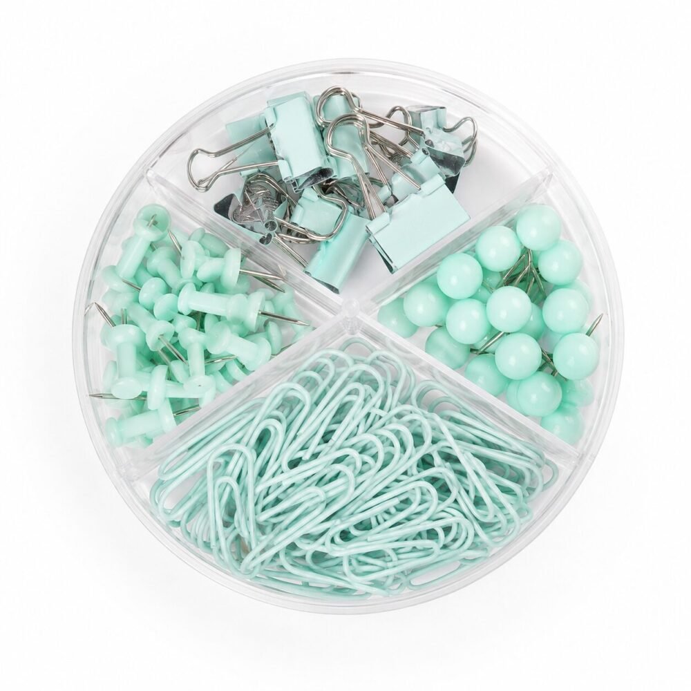 Stationery Set With Round Organizer - طقم مشابك ودبابيس مكتبية مع علبة تنظيم دائرية
