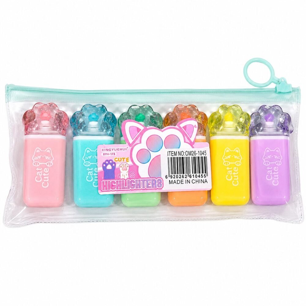 "Cute Cat" Highlighter 6cm  6pcs - مجموعة أقلام هايلايتر