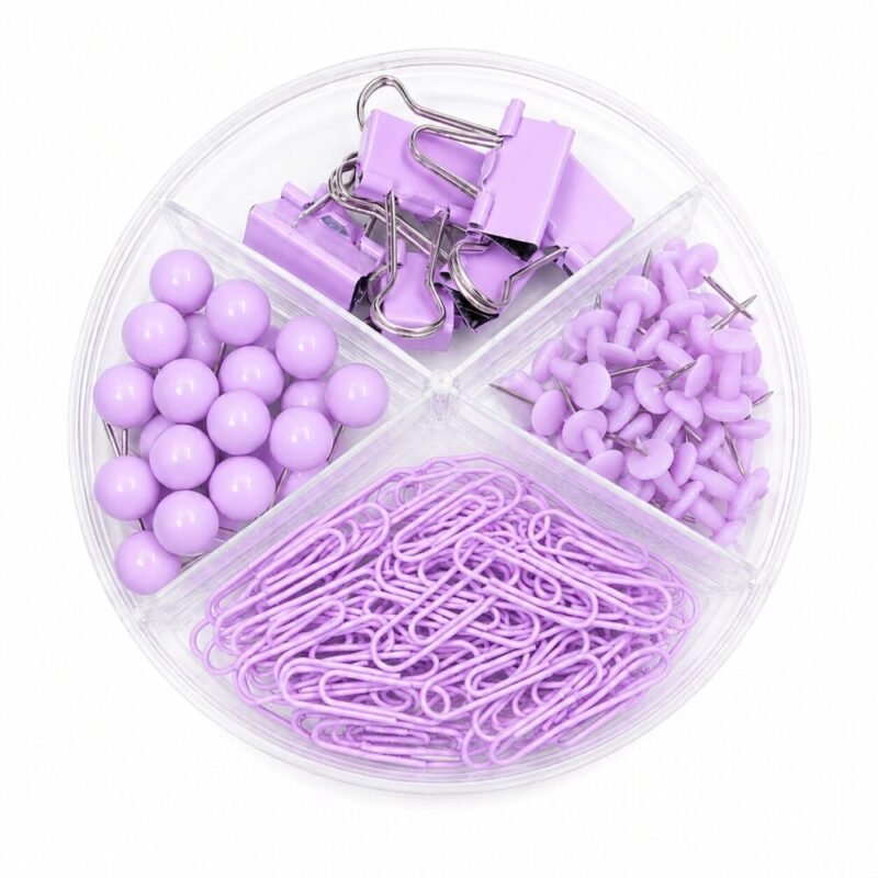 Stationery Set With Round Organizer - طقم مشابك ودبابيس مكتبية مع علبة تنظيم دائرية