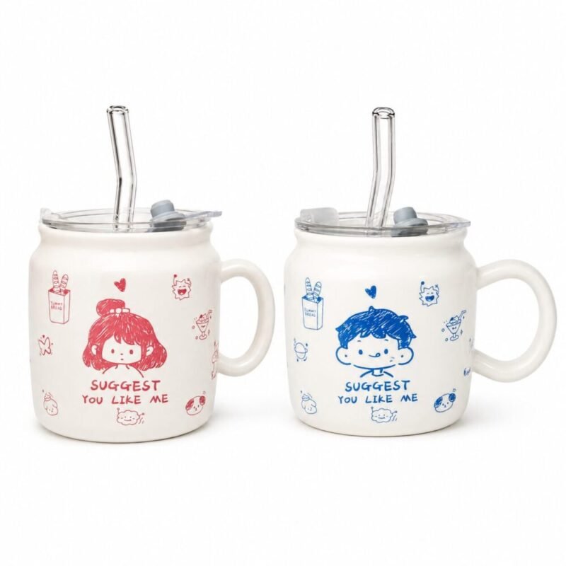 "FASHION MUGS" Cute Ceramic Mug With Lid and Glass Straw - كوب سيراميك بغطاء وشفاطة زجاجية