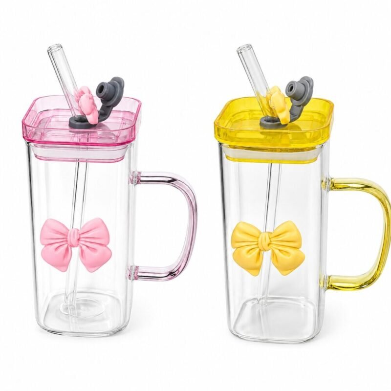 "POPULAR CUP" Glass Tumbler With Straw - كوب زجاجي بغطاء وشفاطة