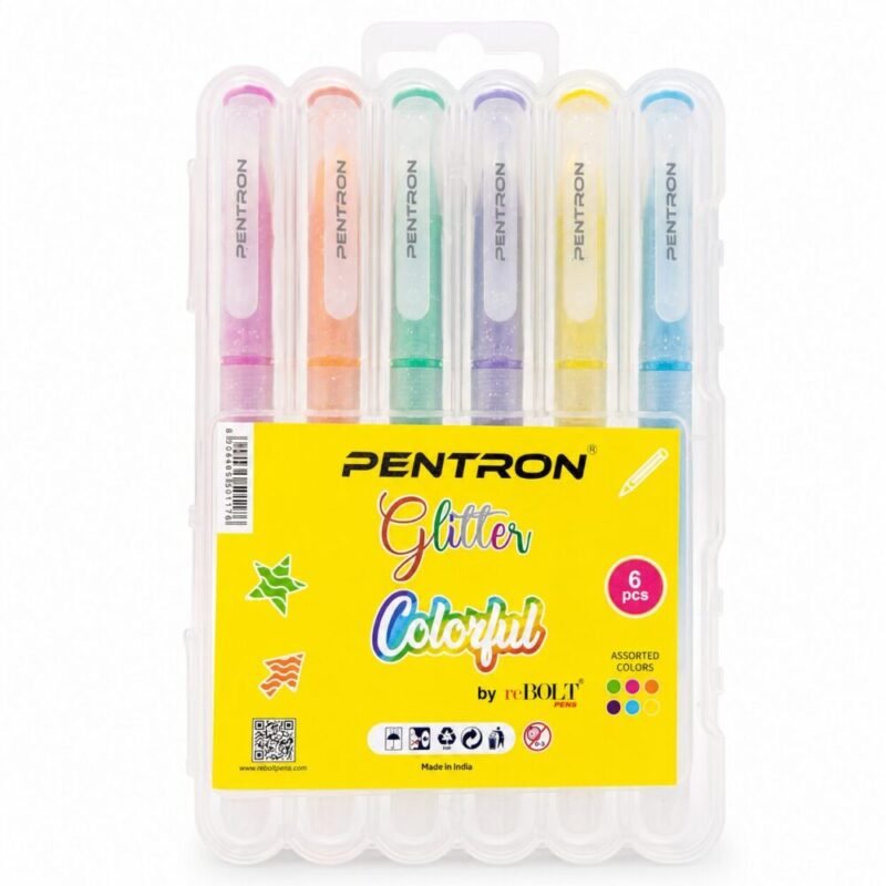 "PENTRON" Glitter Colorful Pen Set With Case 6 pcs - علبة أقلام جليتر ملونة