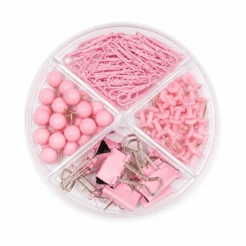 Stationery Set With Round Organizer - طقم مشابك ودبابيس مكتبية مع علبة تنظيم دائرية