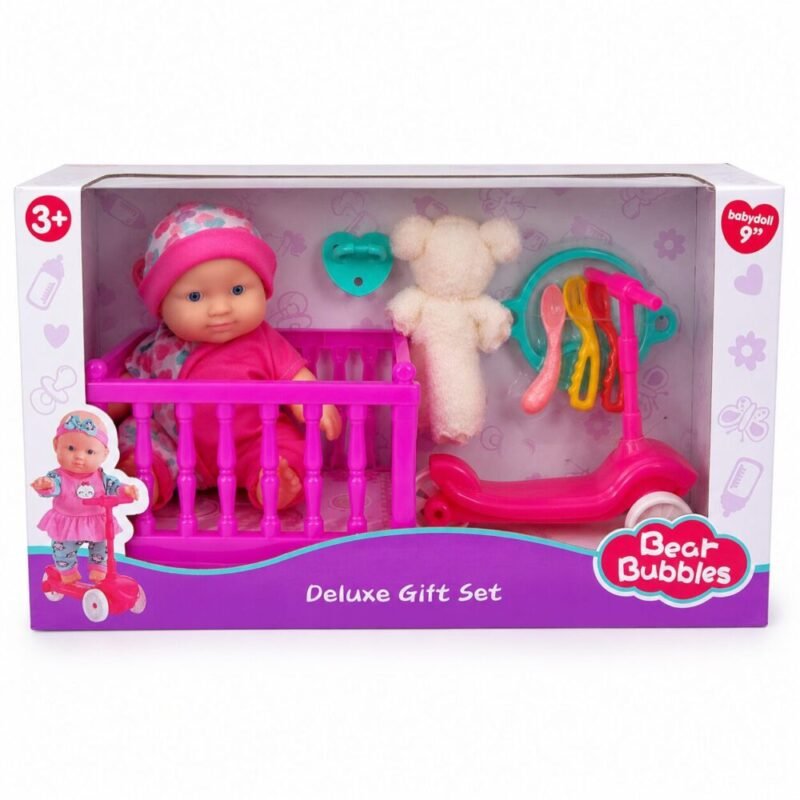 file_00000000bac0720a8e60cac31068eaea "Bear Bubbles" Baby Doll Deluxe Gift set 20 cm (Ages 3+) - دمية طفل مع سرير وإكسسوارات العناية