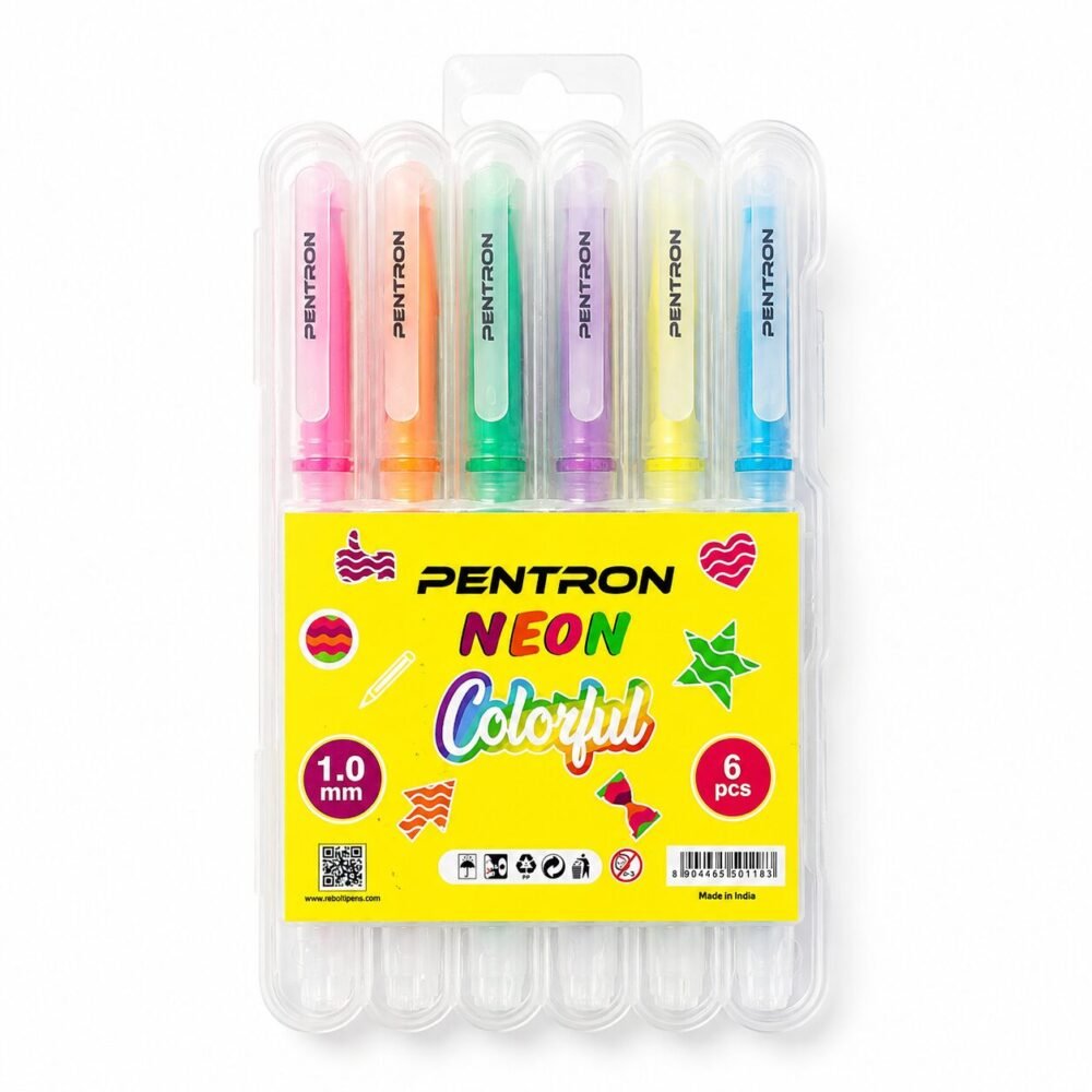 "PENTRON" Neon Colorful Pen Set With Case 6 pcs - علبة أقلام نيون ملونة