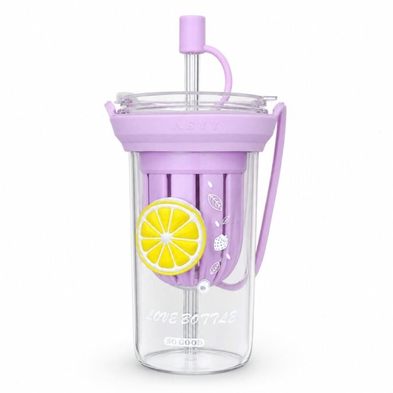 "Glass Bottle" Fruit Infuser Tumbler With Straw - كوب زجاجي مع شفاطة ومصفاة فواكه وحزام حمل