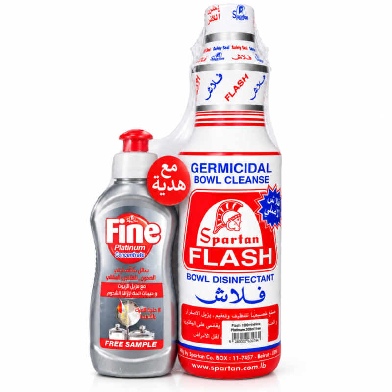 "Spartan Flash" Bowl Disinfectant 1000 ml + Fine Concentrated Dishwashing Liquid - فلاش الأصلي مع فاين سائل جلي هدية
